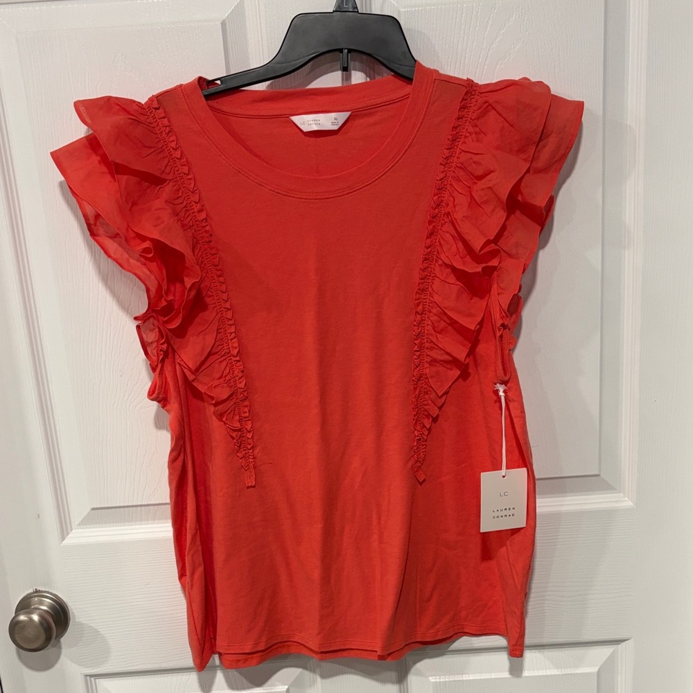LC Lauren Conrad Bright Coral Red Crewneck Top